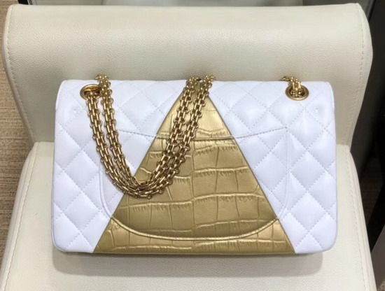 Chanel 255 Handbag in White Lambskin and Gold Crocodile Embossed Calfskin A37586