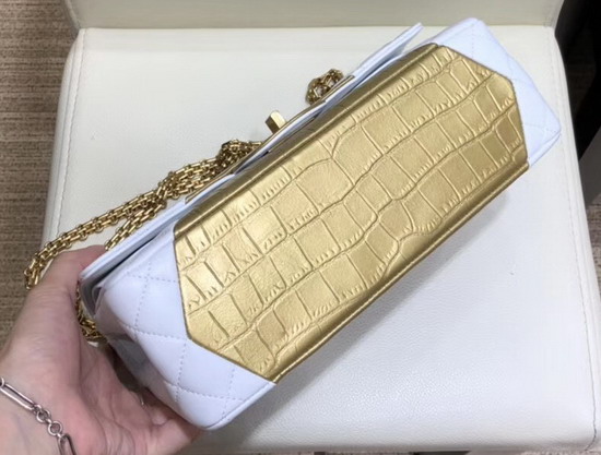 Chanel 255 Handbag in White Lambskin and Gold Crocodile Embossed Calfskin A37586