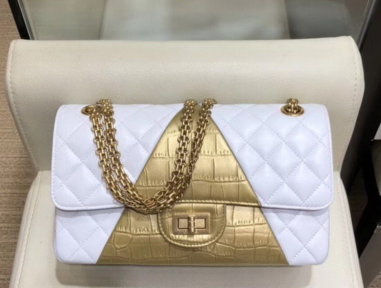 Chanel 255 Handbag in White Lambskin and Gold Crocodile Embossed Calfskin A37586