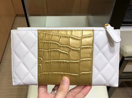 Chanel 255 Pouch Lambskin Crocodile Embossed Calfskin Gold Tone Metal White and Gold A70341