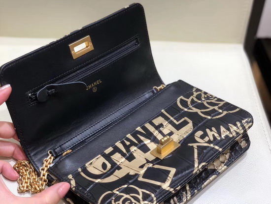 Chanel 255 Wallet On Chain Crocodile Embossed Printed Leather and Gold Tone Metal Black and Gold A70328