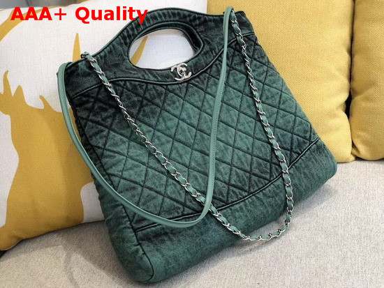 Chanel 31 Large Shopping Bag Denim and Silver Tone Metal Green and Black AS1408 Replica