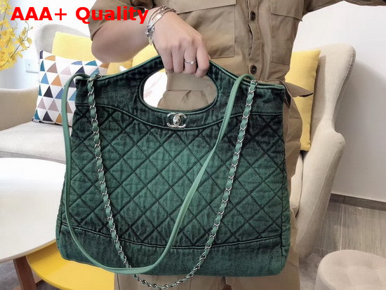 Chanel 31 Large Shopping Bag Denim and Silver Tone Metal Green and Black AS1408 Replica