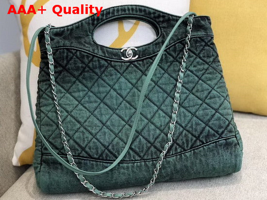 Chanel 31 Large Shopping Bag Denim and Silver Tone Metal Green and Black AS1408 Replica