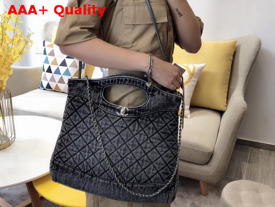 Chanel 31 Large Shopping Bag Denim and Silver Tone Metal Grey and Black AS1408 Replica