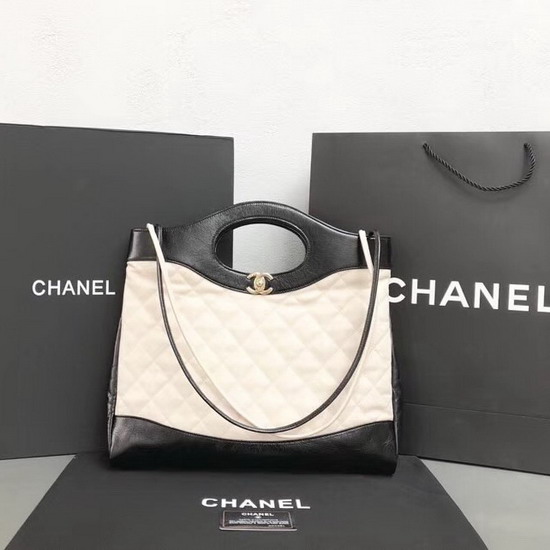 Chanel 31 Large Shopping Bag in Beige and Black Lambskin Gold Tone Metal