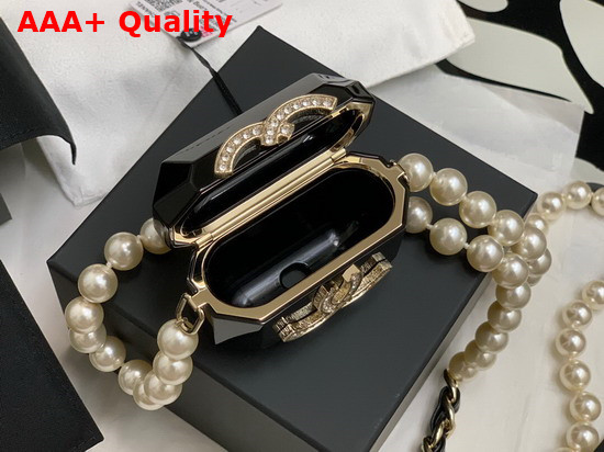 Chanel Airpods Case Necklace Metal Resin Glass Pearls Lambskin Strass Gold Black Pearly White Crystal AB6678 Replica