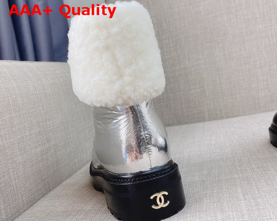 Chanel Ankle Boot in Silver Crumpled Leather with White Shearling Lining Replica