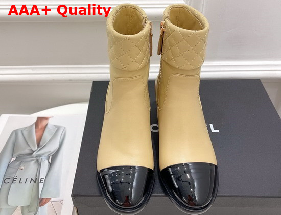 Chanel Ankle Boots Beige Lambskin and Black Patent Leather Replica