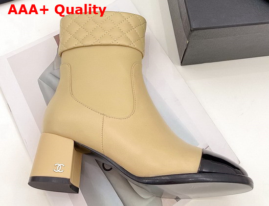 Chanel Ankle Boots Beige Lambskin and Black Patent Leather Replica