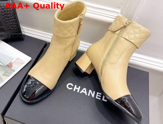 Chanel Ankle Boots Beige Lambskin and Black Patent Leather Replica