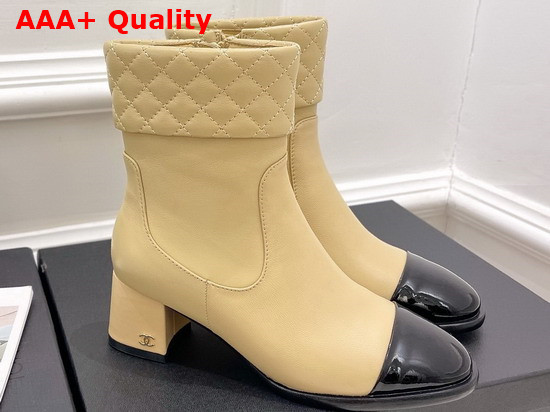 Chanel Ankle Boots Beige Lambskin and Black Patent Leather Replica