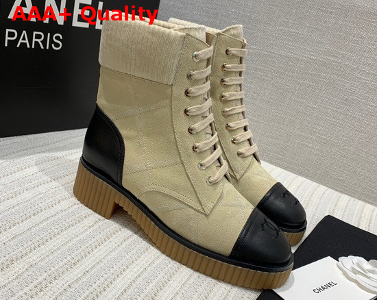 Chanel Ankle Boots Beige Suede Calfskin and Black Lambskin Replica