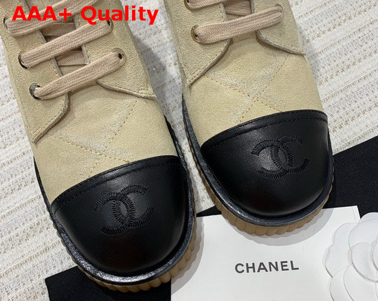 Chanel Ankle Boots Beige Suede Calfskin and Black Lambskin Replica