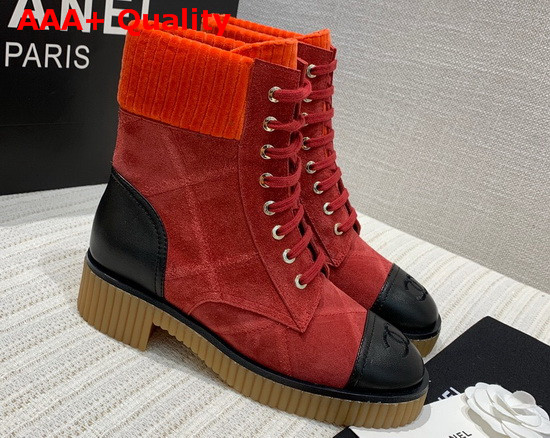 Chanel Ankle Boots Red Suede Calfskin and Black Lambskin Replica