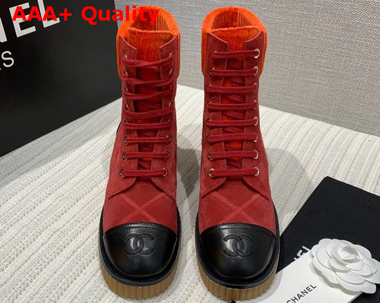 Chanel Ankle Boots Red Suede Calfskin and Black Lambskin Replica