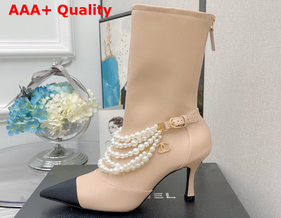 Chanel Ankle Boots Stretch Calfskin Grograin Pearls Beige Ref G37542 Replica