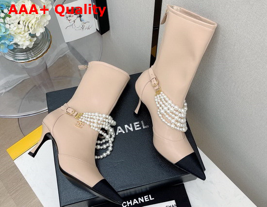 Chanel Ankle Boots Stretch Calfskin Grograin Pearls Beige Ref G37542 Replica