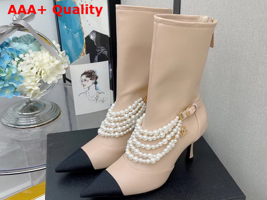 Chanel Ankle Boots Stretch Calfskin Grograin Pearls Beige Ref G37542 Replica