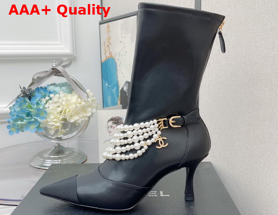 Chanel Ankle Boots Stretch Calfskin Grograin Pearls Black Ref G37542 Replica