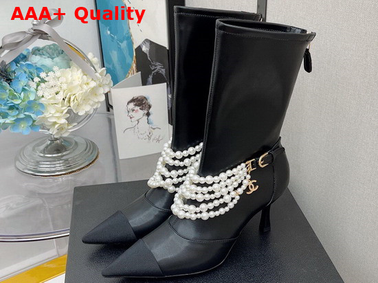 Chanel Ankle Boots Stretch Calfskin Grograin Pearls Black Ref G37542 Replica