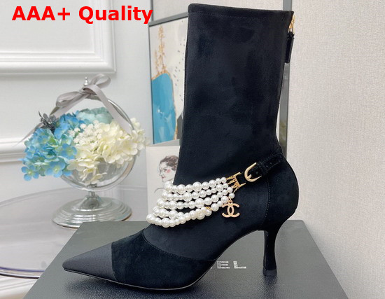 Chanel Ankle Boots Stretch Suede Calfskin Grograin Pearls Black Ref G37542 Replica