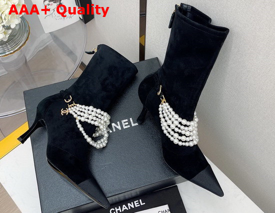 Chanel Ankle Boots Stretch Suede Calfskin Grograin Pearls Black Ref G37542 Replica