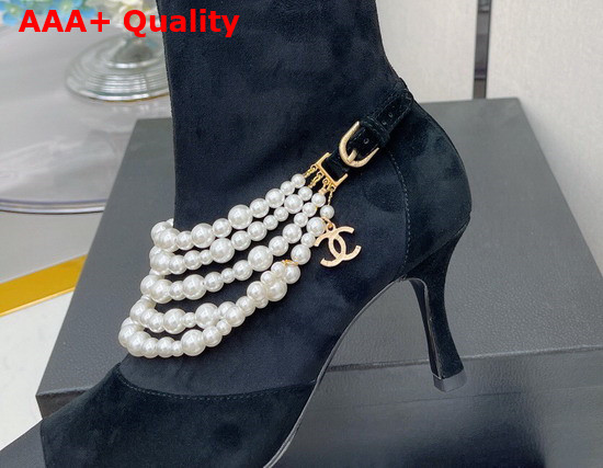 Chanel Ankle Boots Stretch Suede Calfskin Grograin Pearls Black Ref G37542 Replica