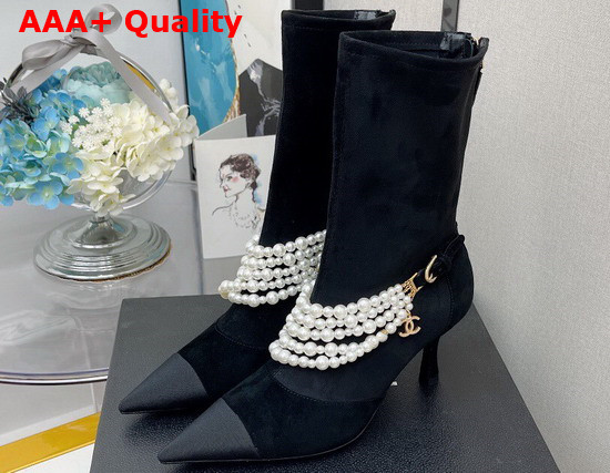 Chanel Ankle Boots Stretch Suede Calfskin Grograin Pearls Black Ref G37542 Replica