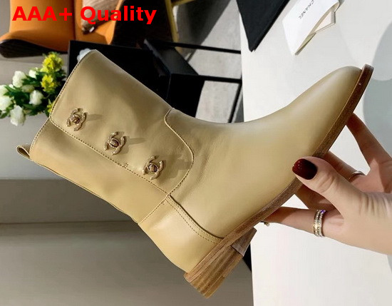 Chanel Ankle Boots in Beige Calfskin with CC Buckle on the Side Replica