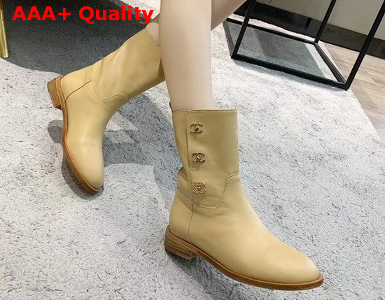 Chanel Ankle Boots in Beige Calfskin with CC Buckle on the Side Replica