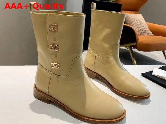 Chanel Ankle Boots in Beige Calfskin with CC Buckle on the Side Replica