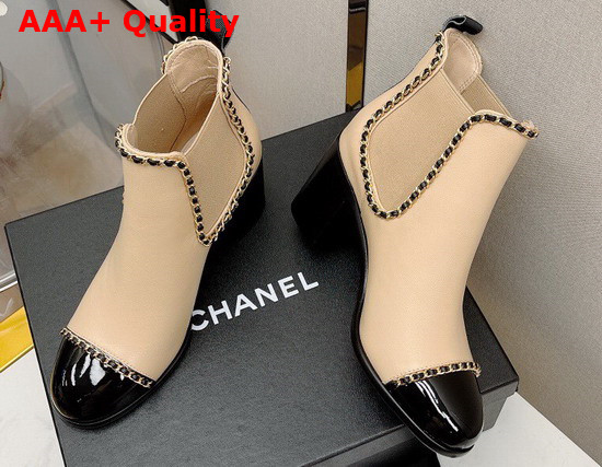 Chanel Ankle Boots in Beige Lambskin with Chain Trims Replica