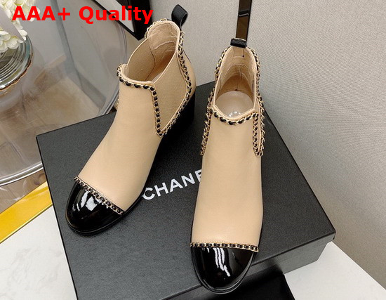 Chanel Ankle Boots in Beige Lambskin with Chain Trims Replica