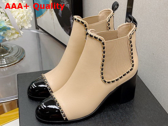 Chanel Ankle Boots in Beige Lambskin with Chain Trims Replica