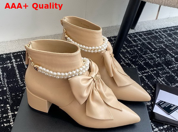 Chanel Ankle Boots in Beige Lambskin with Imitation Pearls and Leather Bow On The Front Replica