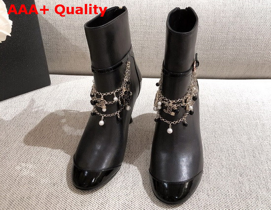 Chanel Ankle Boots in Black Calf Leather and Patent Leather with Chain Details Replica