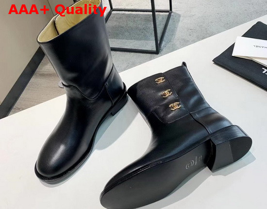 Chanel Ankle Boots in Black Calfskin with CC Buckle on the Side Replica