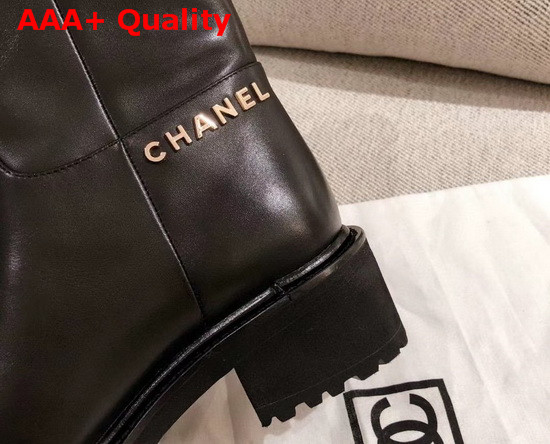 Chanel Ankle Boots in Black Calfskin with Gold Metal Logo G36749 Replica