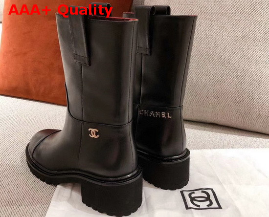 Chanel Ankle Boots in Black Calfskin with Gold Metal Logo G36749 Replica