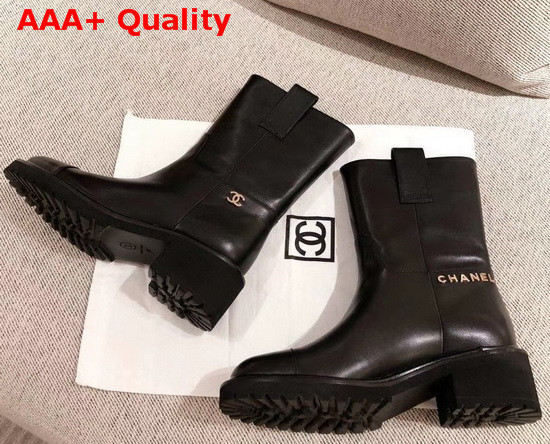 Chanel Ankle Boots in Black Calfskin with Gold Metal Logo G36749 Replica