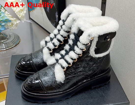 Chanel Ankle Boots in Black Calfskin with White Shearling Lining Replica