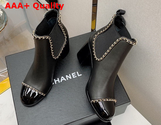 Chanel Ankle Boots in Black Lambskin with Chain Trims Replica