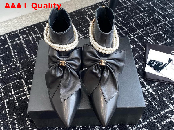 Chanel Ankle Boots in Black Lambskin with Imitation Pearls and Leather Bow On The Front Replica