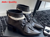 Chanel Ankle Boots in Black Lambskin with Imitation Pearls and Leather Bow On The Front Replica