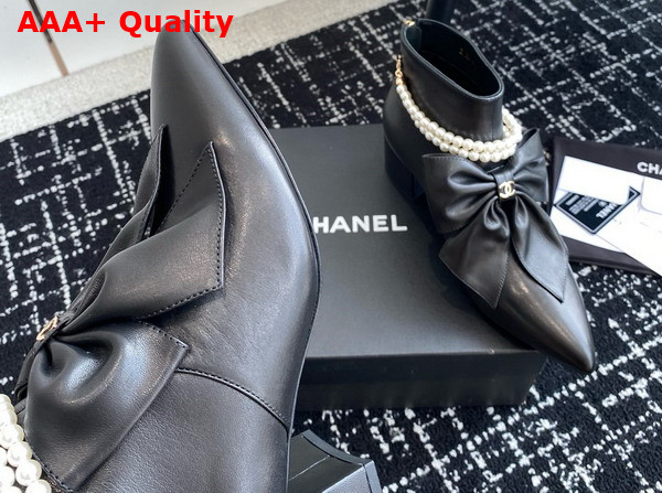 Chanel Ankle Boots in Black Lambskin with Imitation Pearls and Leather Bow On The Front Replica