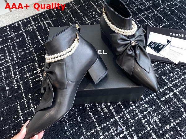 Chanel Ankle Boots in Black Lambskin with Imitation Pearls and Leather Bow On The Front Replica