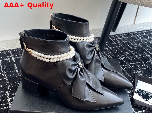 Chanel Ankle Boots in Black Lambskin with Imitation Pearls and Leather Bow On The Front Replica