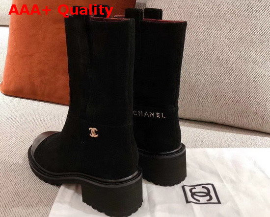 Chanel Ankle Boots in Black Suede Calfskin with Gold Metal Logo G36749 Replica