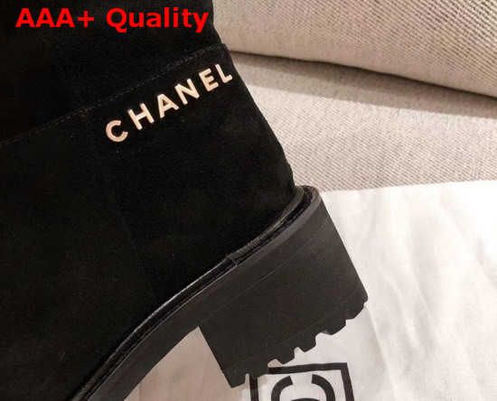 Chanel Ankle Boots in Black Suede Calfskin with Gold Metal Logo G36749 Replica